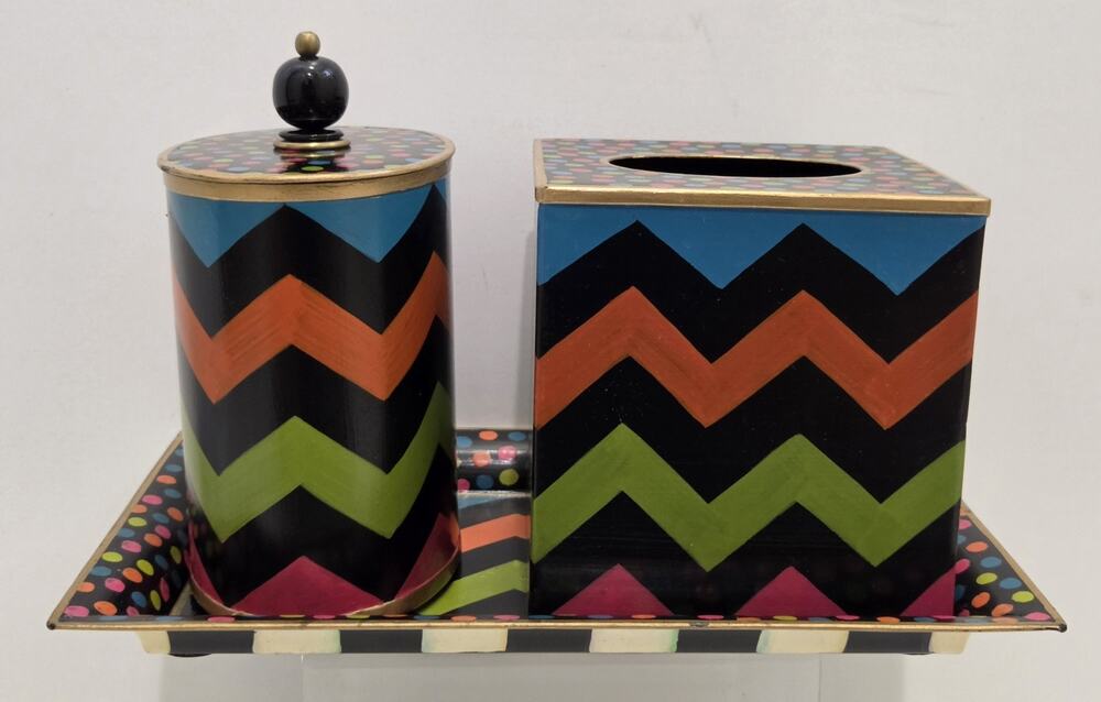 Mackenzie Childs Trampoline Boutique Set Tissue Box/Trinket Tray/ Cotton Box Set
